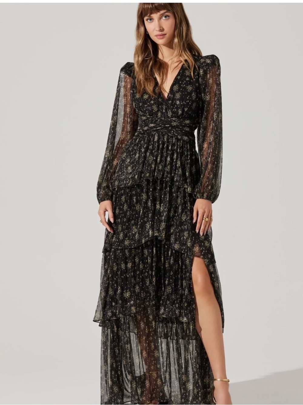 Anora dress black floral with gold trims